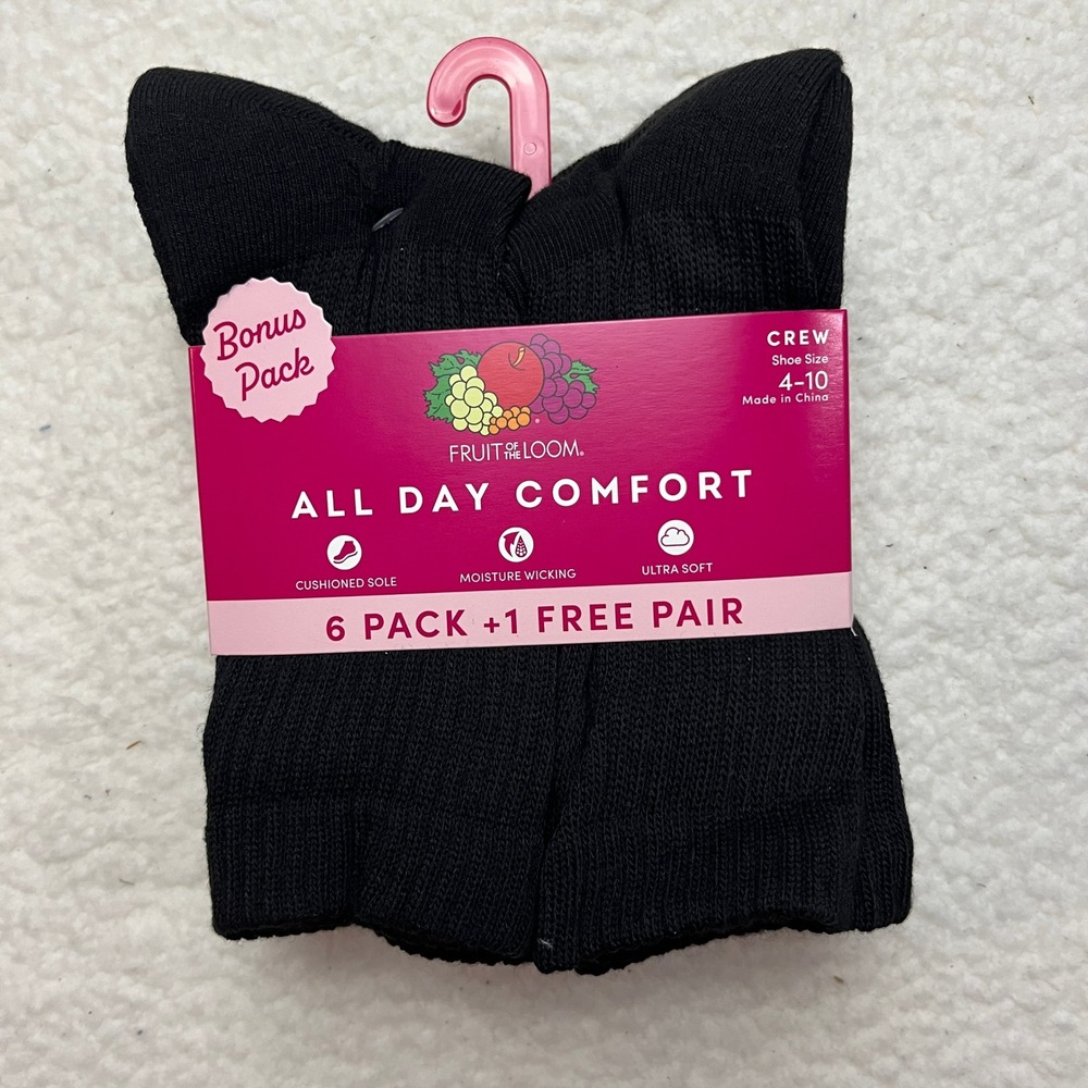 Fruit of the Loom Socks Women 4-10 Black All Day Comfort Crew 7 Pack Cushioned